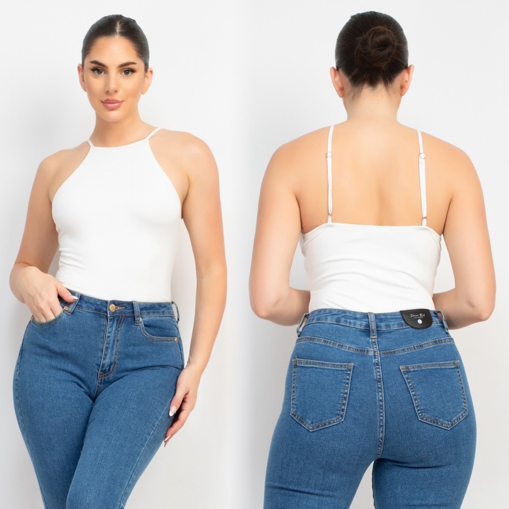 Double layered square neckline bodysuit in white